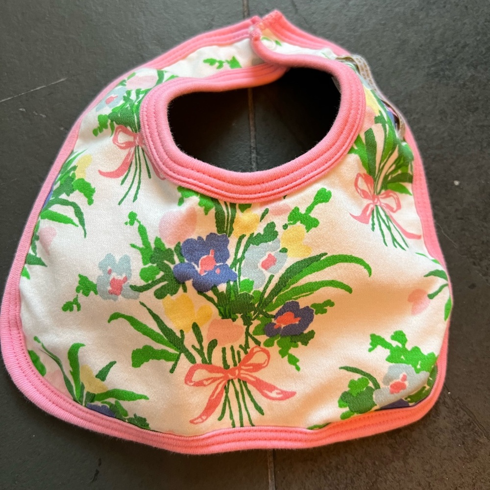 The Beaufort Bonnet Company Floral Baby Bib with Pink Trim